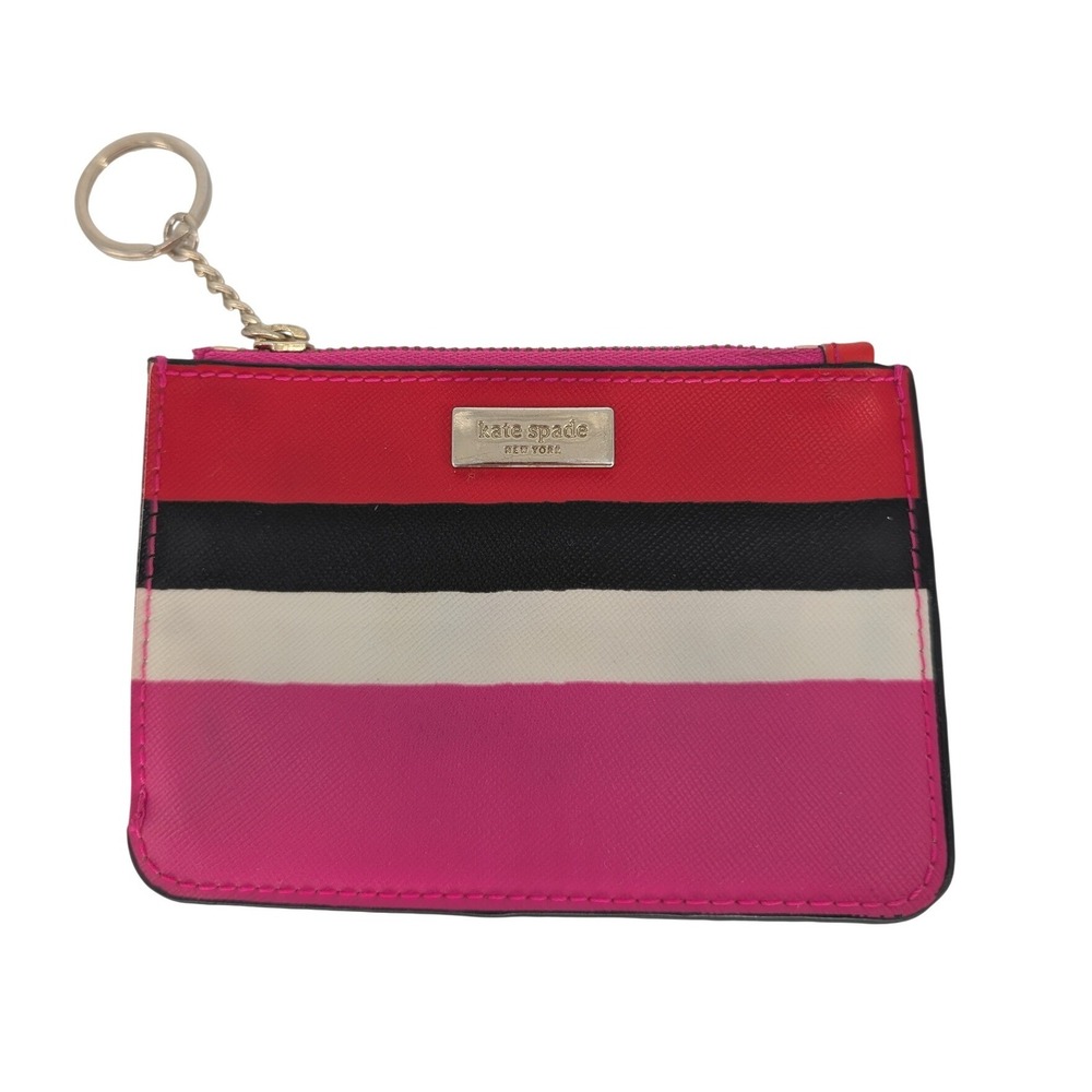 Kate Spade Card Case Women OS Pink Red Striped Zip Coin Purse Key Ring Wallet